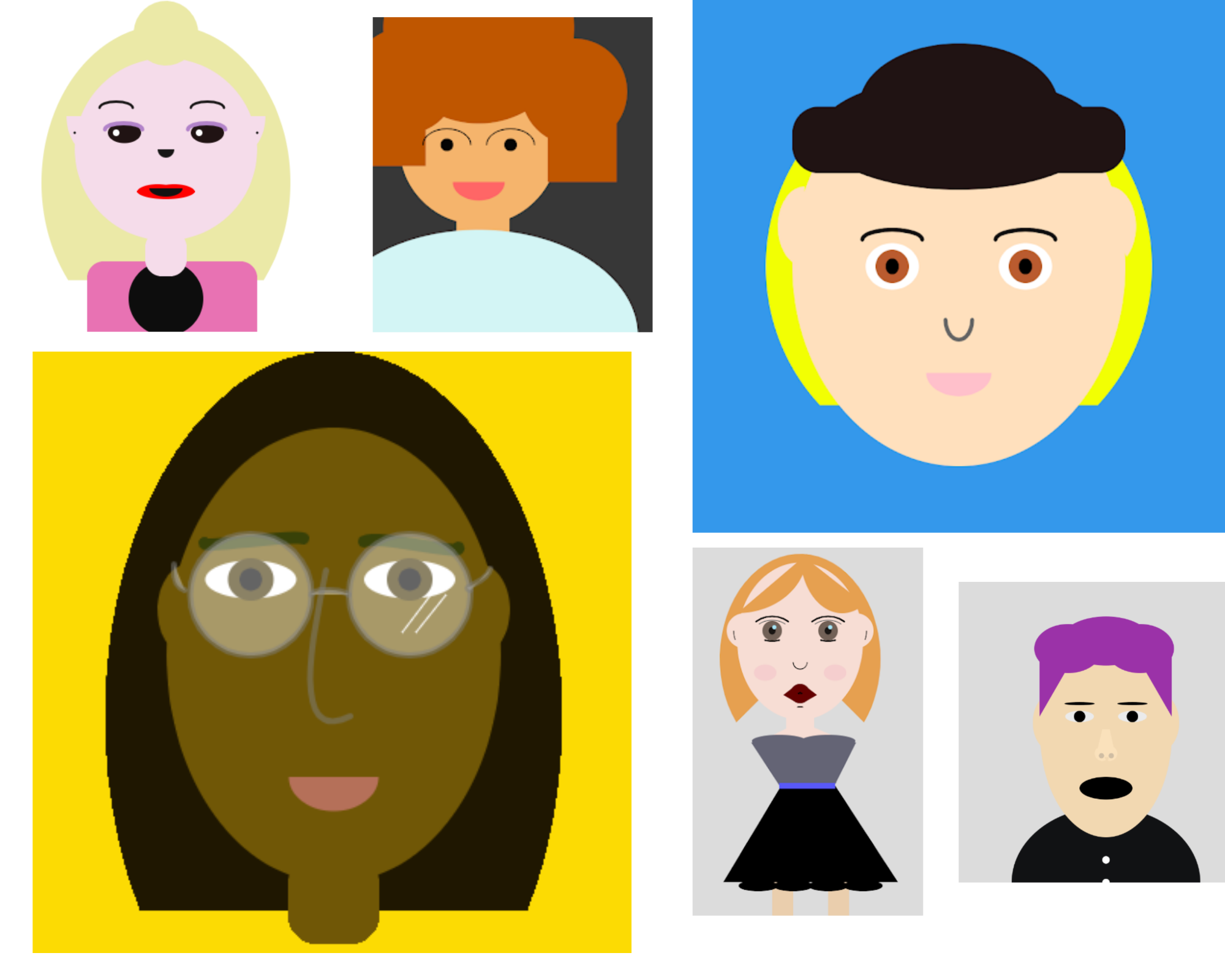 collage of brightly coloured simple portraits made with p5.js coding 
